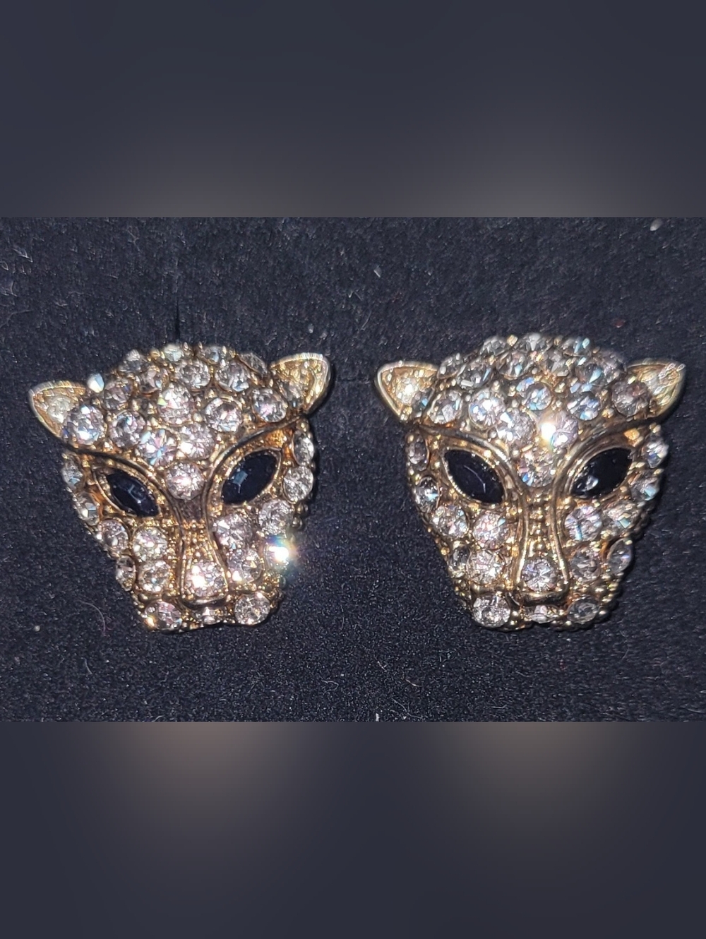 Leopard Panther Jaguar Cheetah Gold Black Eyes Swarovski Crystal Earrings VTG